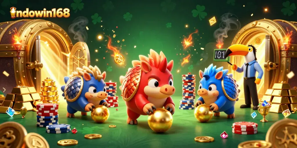 Experience thrilling gameplay with indowin168 as pangolins roll through poker chips in a vibrant casino scene.