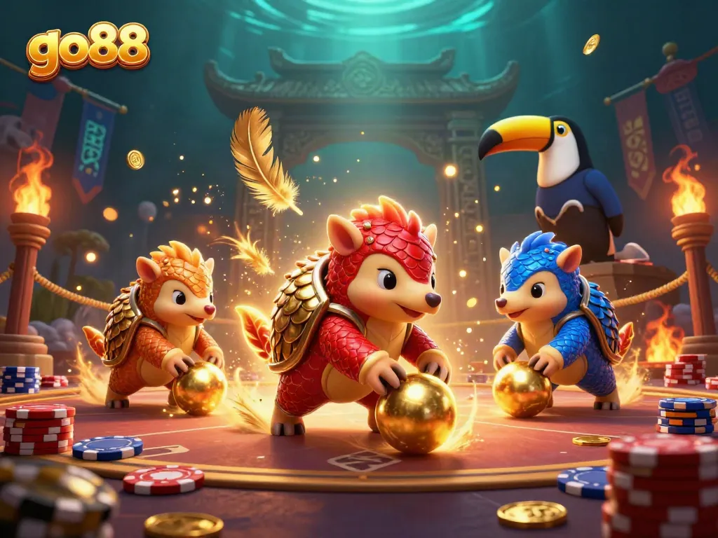 Engage in dynamic gameplay with go88 featuring rival pangolins in a vibrant casino scene.