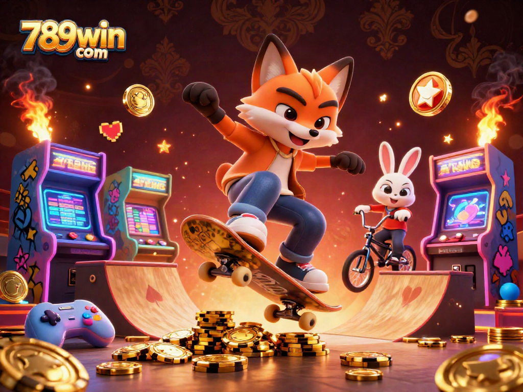 Experience exciting gameplay at 789win com with animated characters surrounded by casino symbols.
