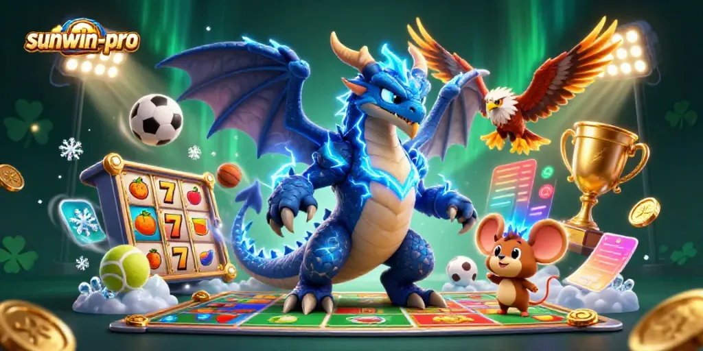 Win big at sunwin-pro with a dynamic 3D illustration of thrilling casino games.