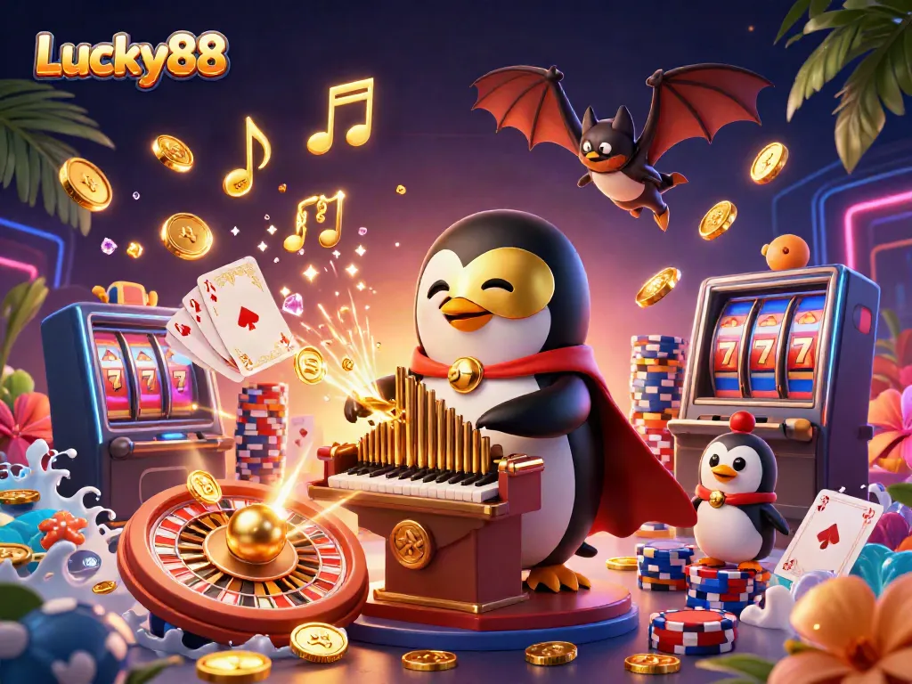 Engage in exciting casino adventures with Lucky88 as a phantom penguin plays organ, coins cascade.