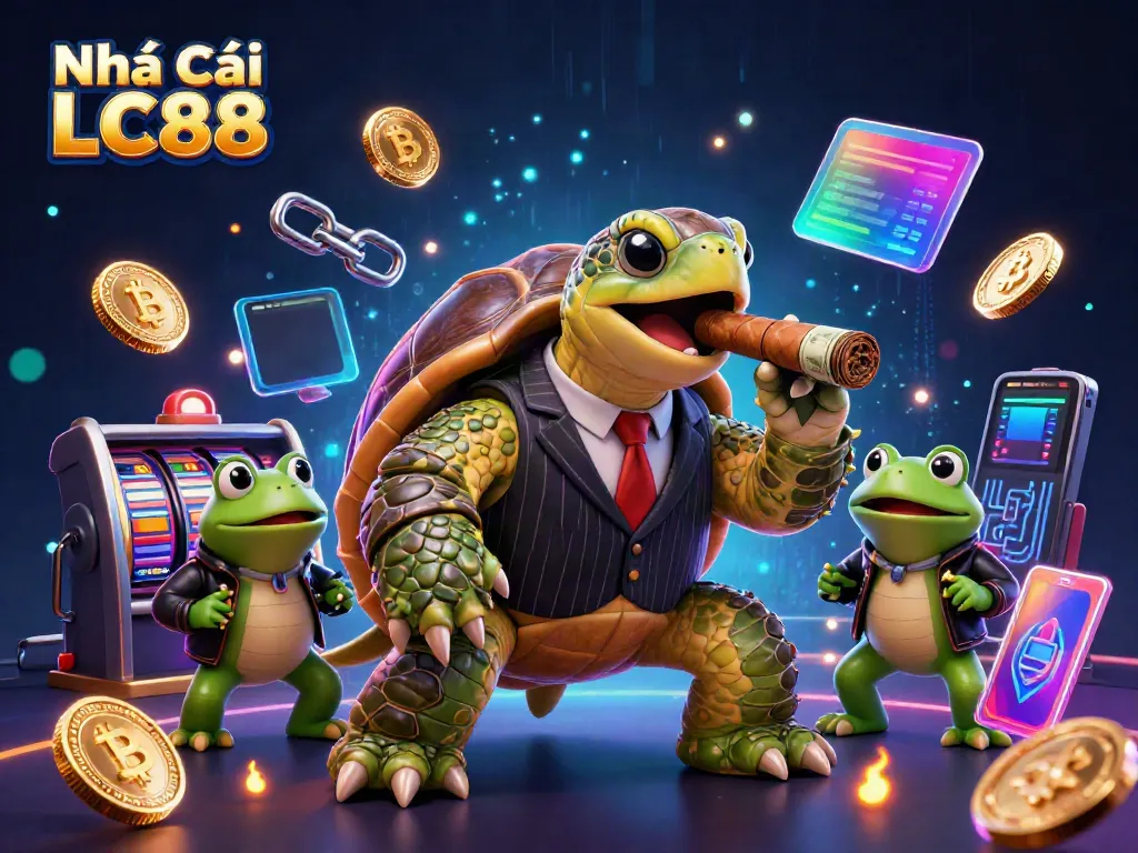 Experience the thrill of Nhà Cái LC88 in a vibrant 3D casino scene featuring a cartoon snapping turtle and bullfrog enforcers.