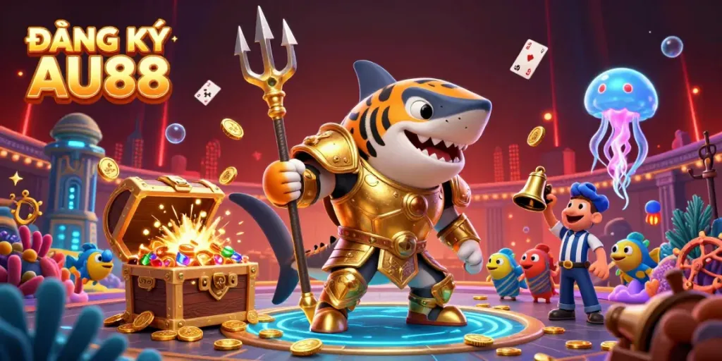 Engaging scene illustrating ĐĂNG KÝ AU88 with lively casino elements and animated characters in an underwater setting.
