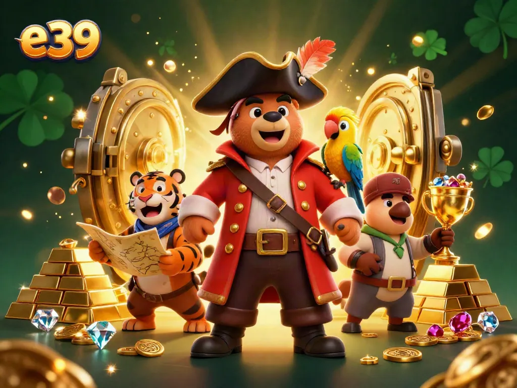 Experience thrilling e39 gameplay with a pirate bear, tiger, and treasures in a vibrant casino scene.