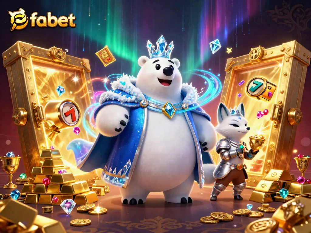 Experience fabet's thrilling gameplay with a cartoon polar bear and treasure elements in this dynamic casino scene.