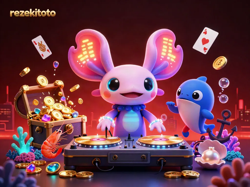Experience big wins with rezekitoto in a vibrant underwater casino scene featuring neon characters.