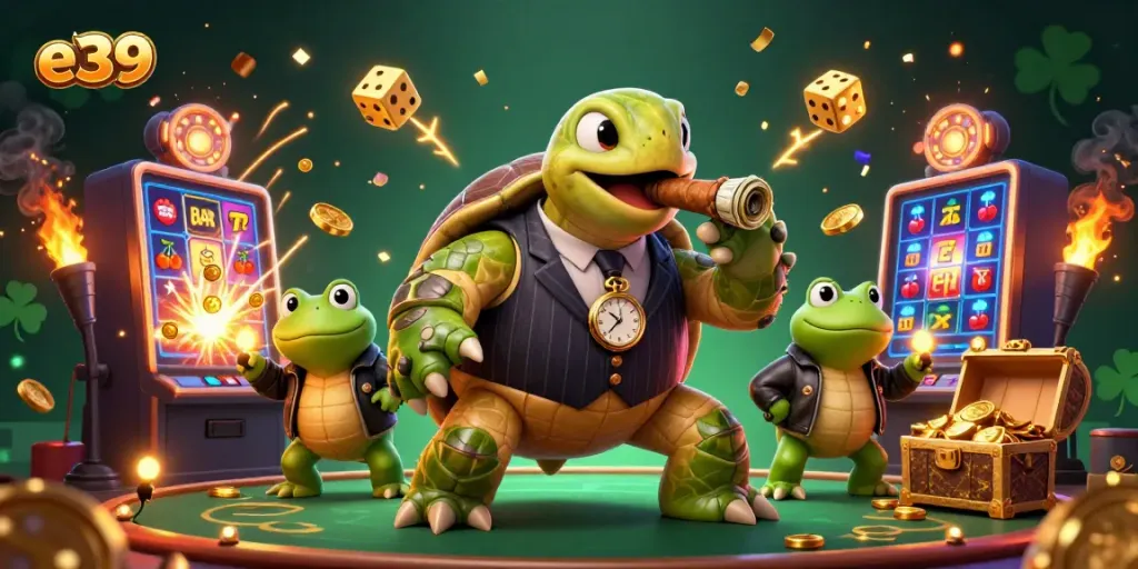 The dynamic scene showcases the e39 brand with a 3D snapping turtle in a mobster suit, slot machines, and celebratory casino symbols.