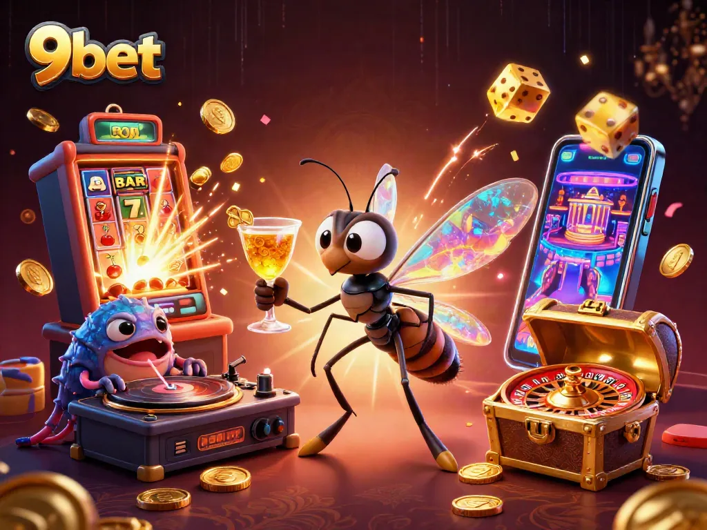 Experience 9bet's vibrant slot action with a lively casino scene featuring dynamic characters and golden games.