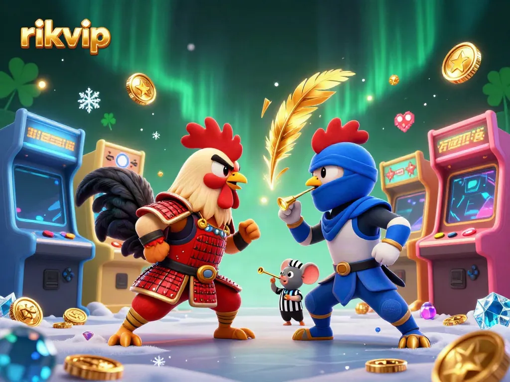 Experience exciting match at rikvip with colorful arcade game elements surrounding fighting roosters.