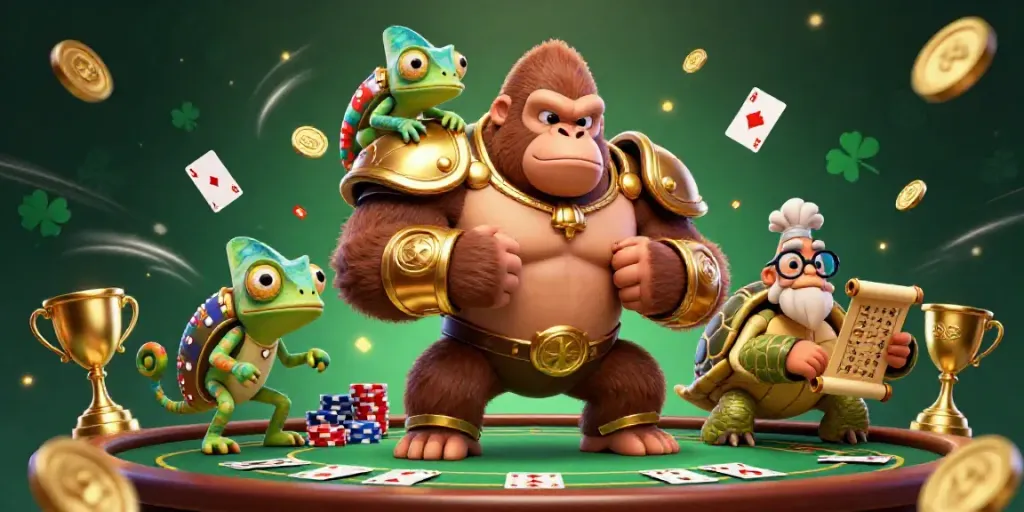 Experience thrilling Đánh bài action in a 3D scene featuring a gorilla king, chameleon, and tortoise in a vibrant casino atmosphere.