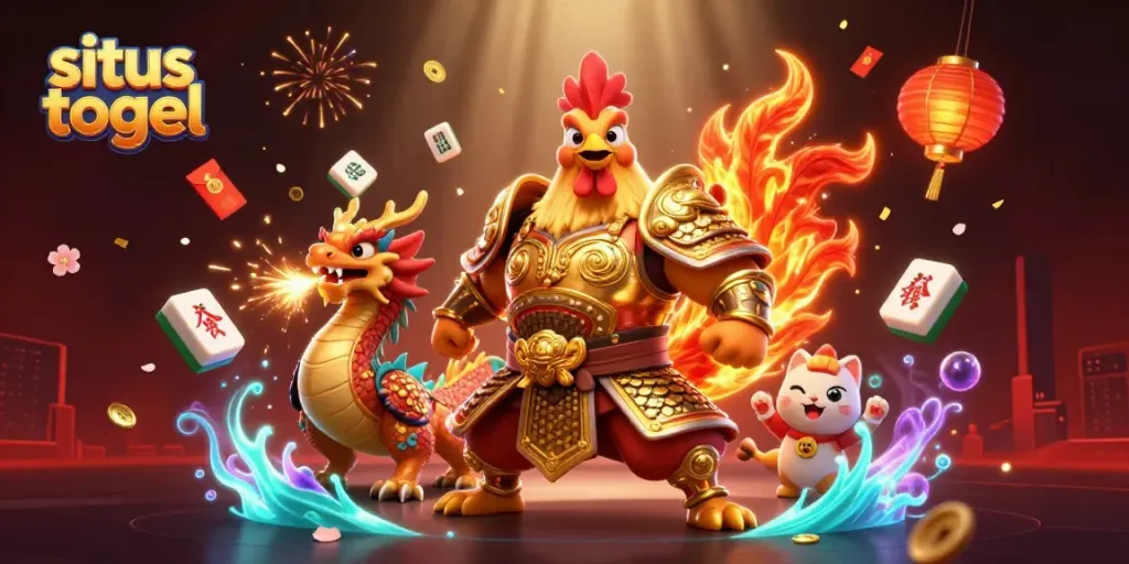 Engaging illustration of situs togel featuring cartoon rooster warrior and dragon in a vibrant casino scene