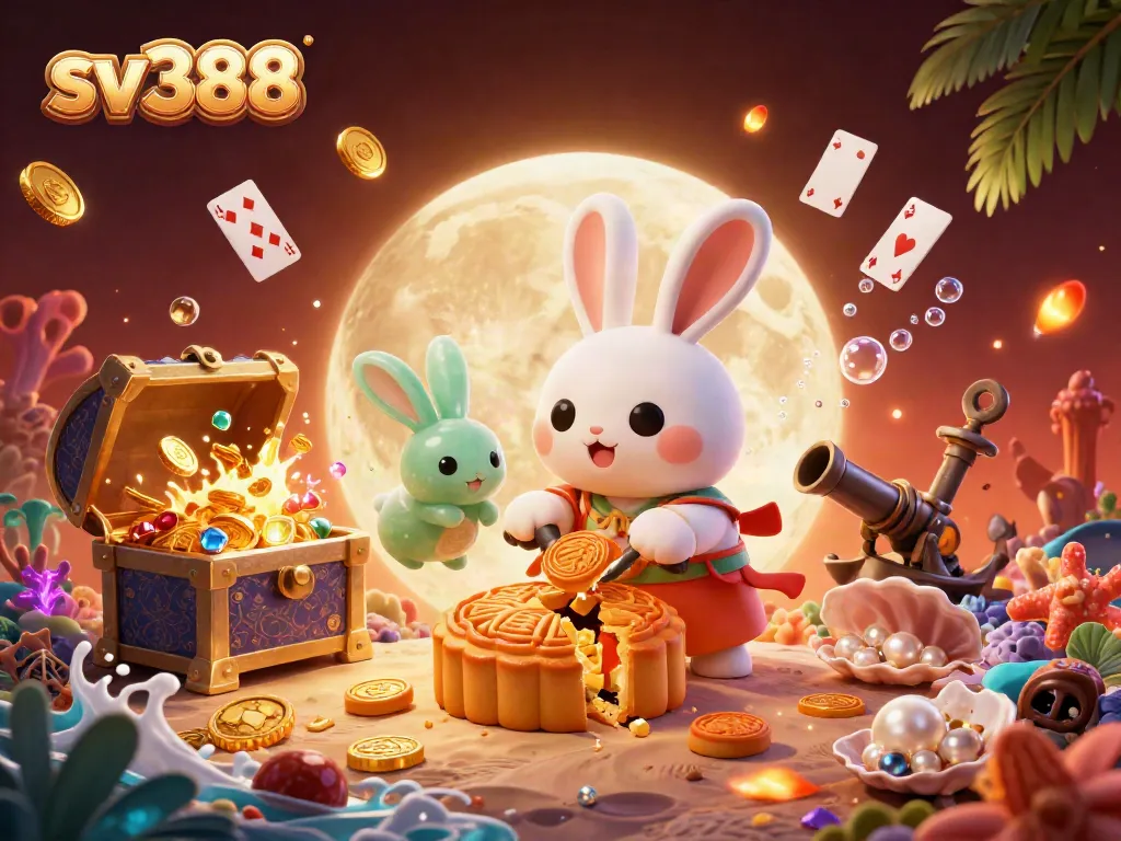 Experience thrilling action with sv388, featuring a moon rabbit and poker chips in a vibrant casino scene.