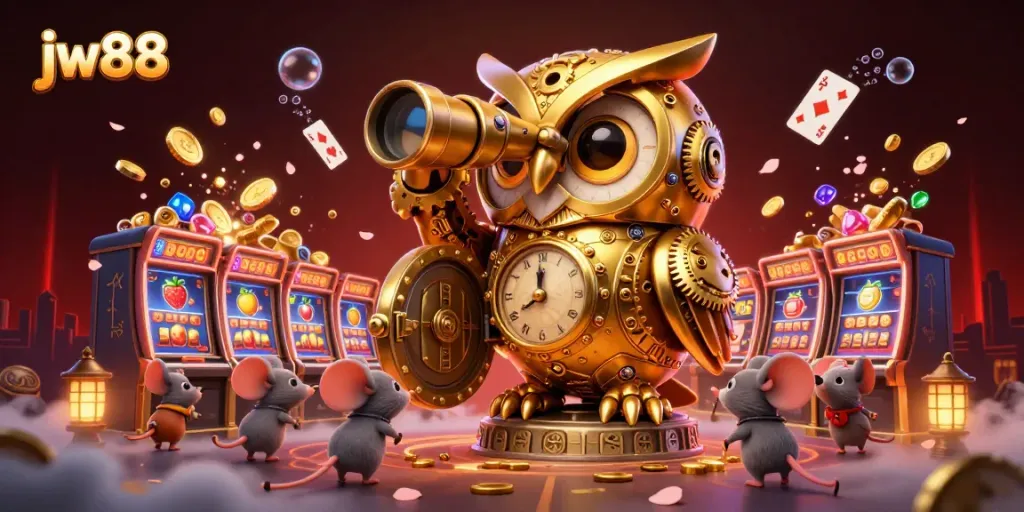 Experience the whimsical jw88 casino scene with 3D golden owl, slot machines, and treasure.