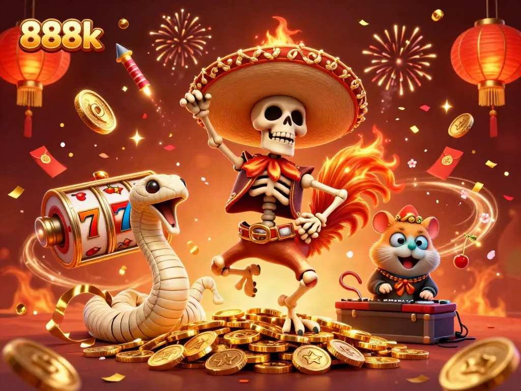Engage in thrilling casino excitement with 888k as a cartoon rooster dances on golden coins.
