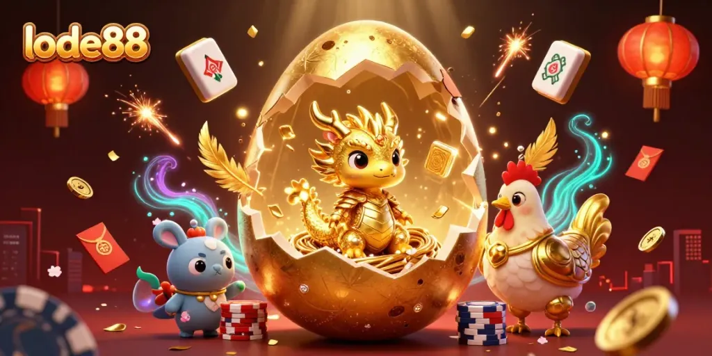 Lode88 welcomes players with a shimmering golden dragon on poker chips, surrounded by festive casino elements.