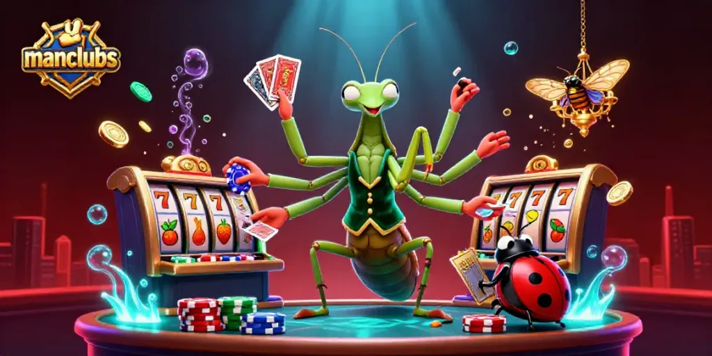 Join the excitement at manclubs with a vibrant casino scene featuring a mantis card sharp and ladybug pit boss.