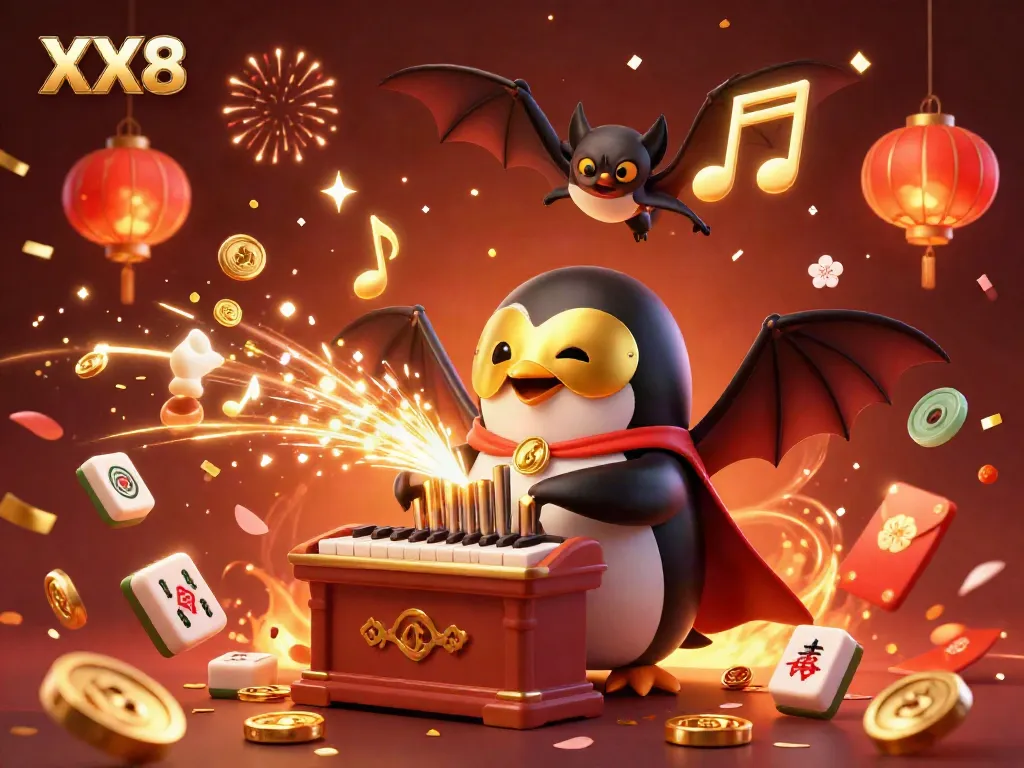 Experience the thrill of XX8 with a penguin playing a golden pipe organ amidst a festive casino atmosphere.