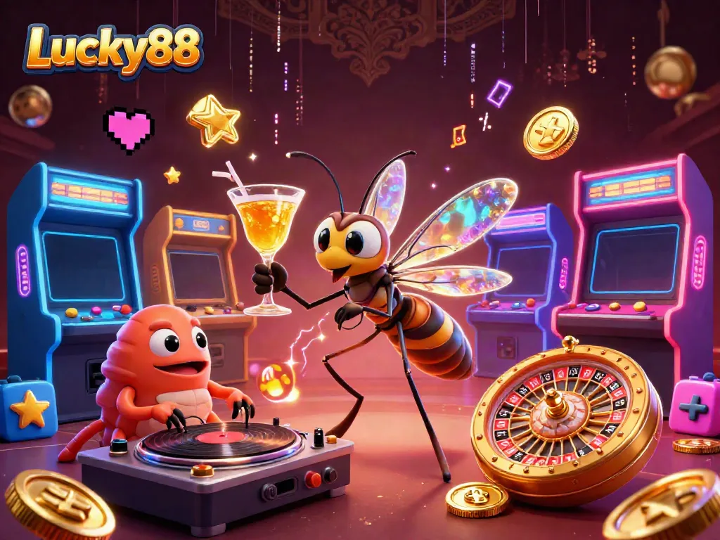 Experience thrilling gaming at Lucky88 with 3D casino characters and vibrant elements.