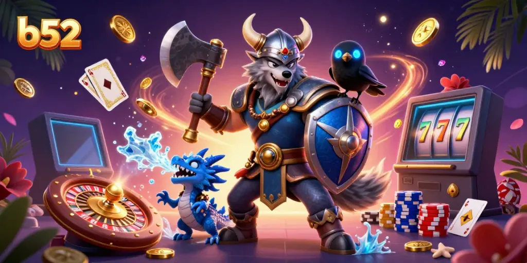 Experience the excitement of b52 with a Viking wolf, fierce dragon, and glowing raven in a dynamic casino scene.