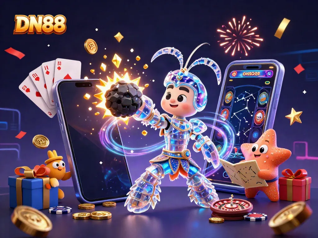 Experience thrilling gameplay as DN88's galactic samurai mantis shrimp unleashes treasures in a vibrant casino scene.