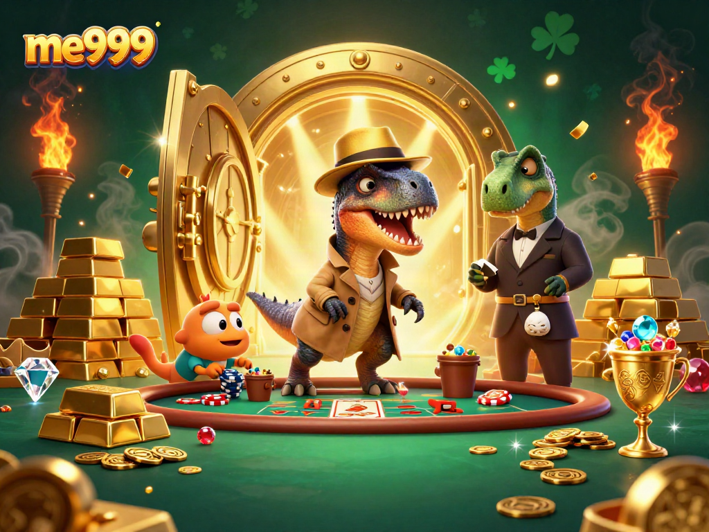 me999 velociraptor card counter at a blackjack table, surrounded by golden treasure and gems.