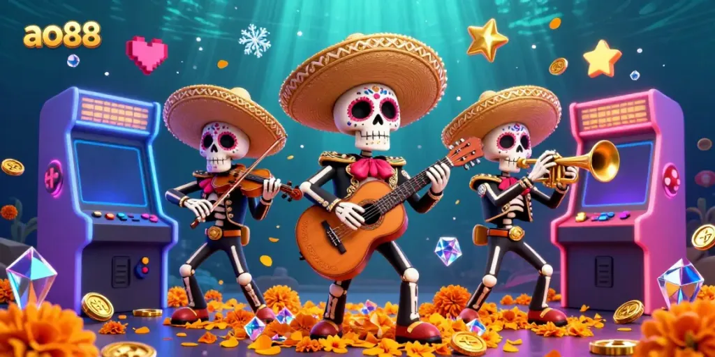 Join the celebration of ao88 with a vibrant mariachi band amidst dynamic gaming elements in a festive casino atmosphere.