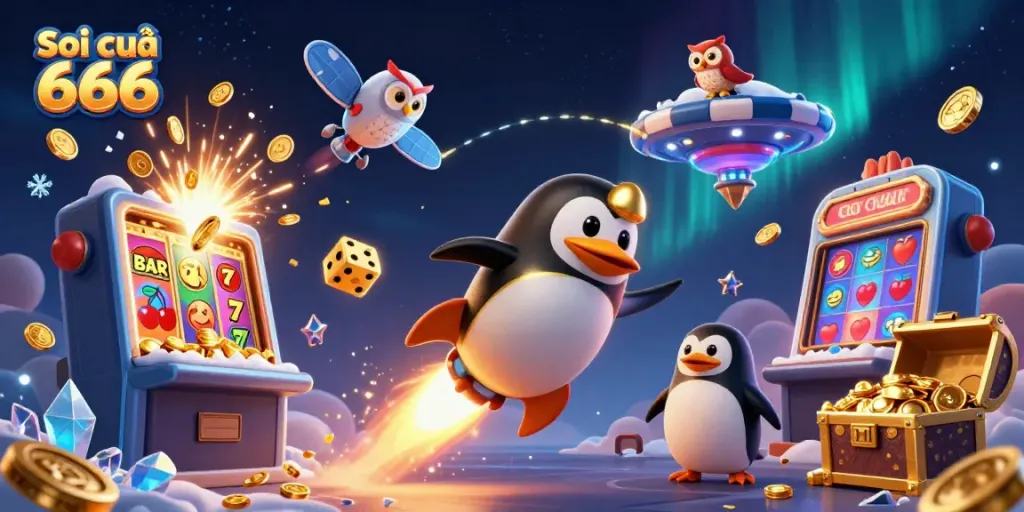 Soi cầu 666 features a golden penguin racing towards a casino with coins and jackpots exploding around it.