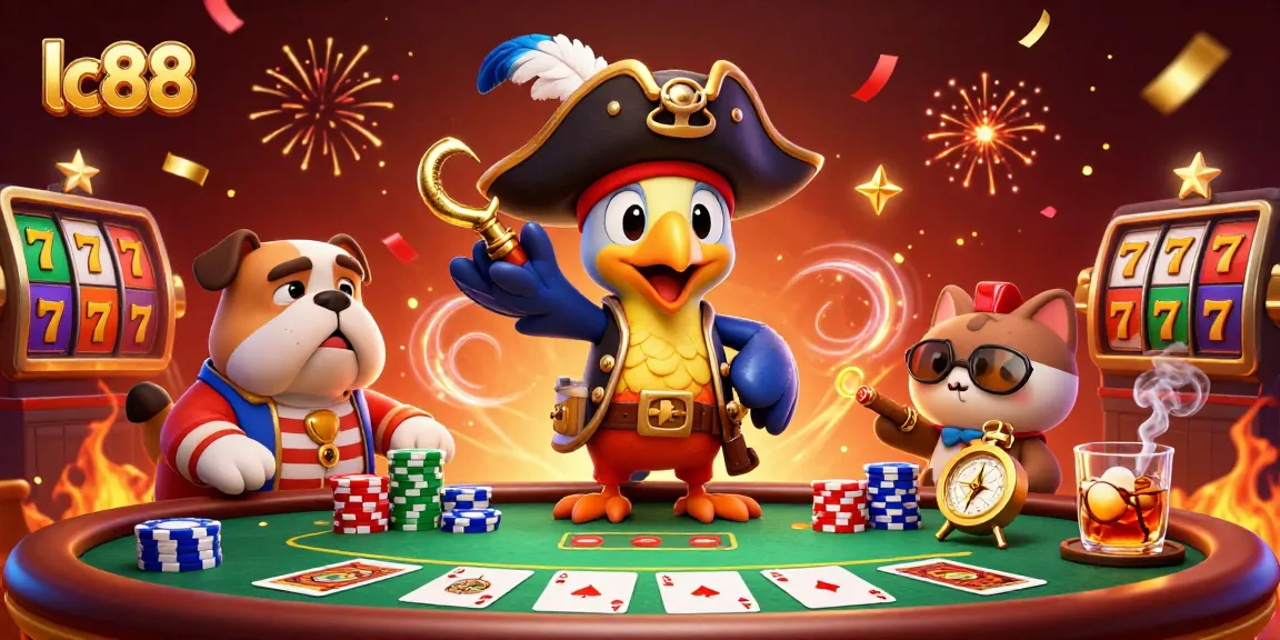 Experience thrilling gameplay at lc88, where a pirate captain leads a vibrant casino scene featuring poker tables and slot machines.