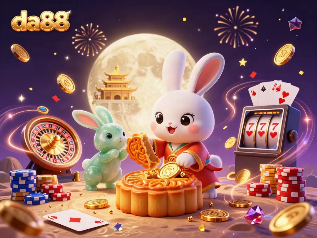 Spin to win with the da88 moon rabbit in a vibrant casino scene filled with golden treasures.