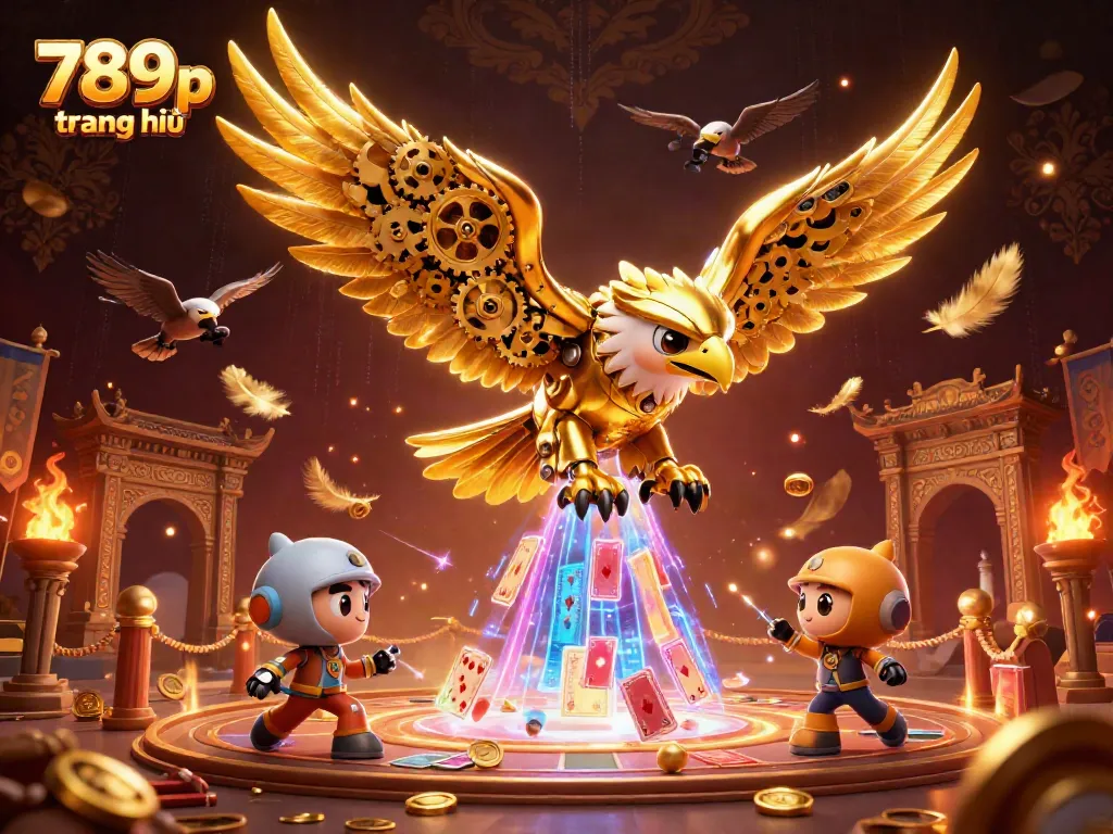 Experience gaming excitement with 789p trang chủ as a golden eagle dives through holographic cards.