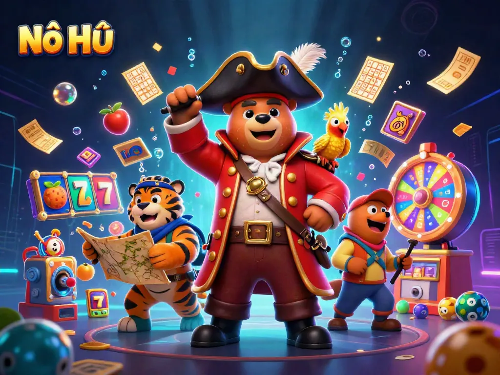 Nổ Hũ pirate characters celebrating with slot symbols and jackpot visuals.