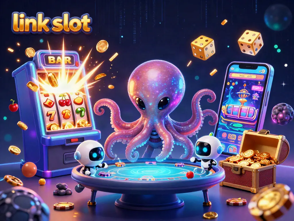 Play exciting link slot games with a thrilling 3D cartoon octopus and vibrant casino elements.