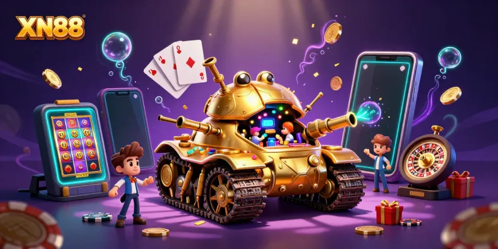 Experience the excitement of XN88 with a vibrant casino-themed 3D illustration featuring dynamic game elements.