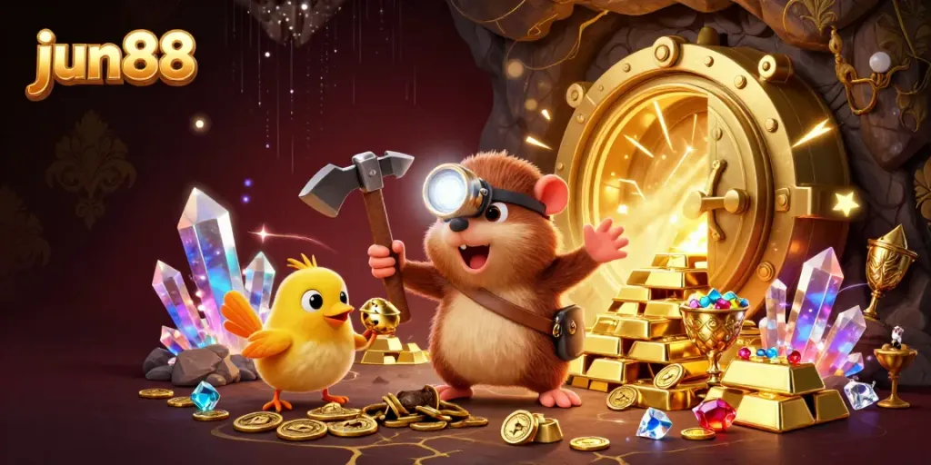 Experience the thrill of jun88 with 3D characters mining treasures in a vibrant casino setting.