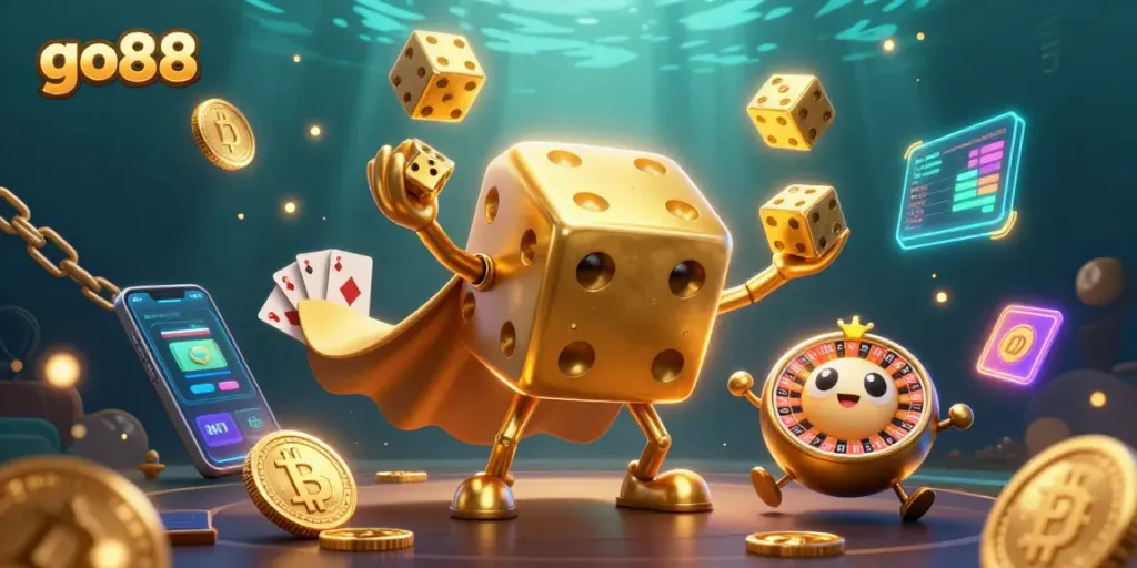 Play with go88 in this vibrant casino scene filled with animated dice and crypto elements.