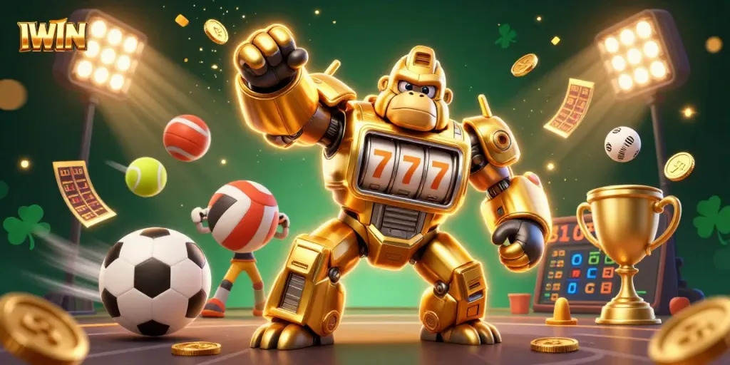 Experience thrilling gameplay with IWIN, featuring a dynamic 3D golden gorilla mech bursting with coins.