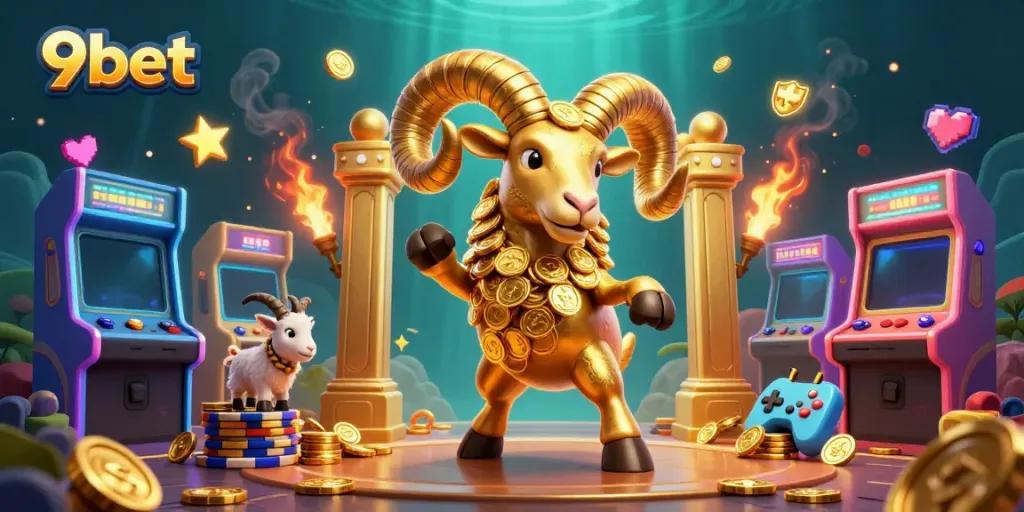 Engage with 9bet's vibrant gaming world featuring a golden ram charging through a captivating casino scene.