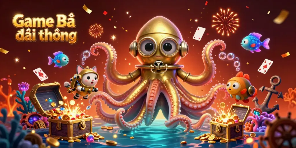 Engage with Game Bài Đổi Thưởng in this rich 3D illustration featuring a kraken, diving cat, and bioluminescent fish.