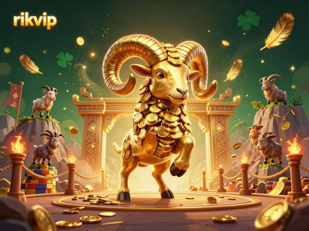 Experience thrilling action at rikvip with a massive golden ram charging into a dynamic casino realm.