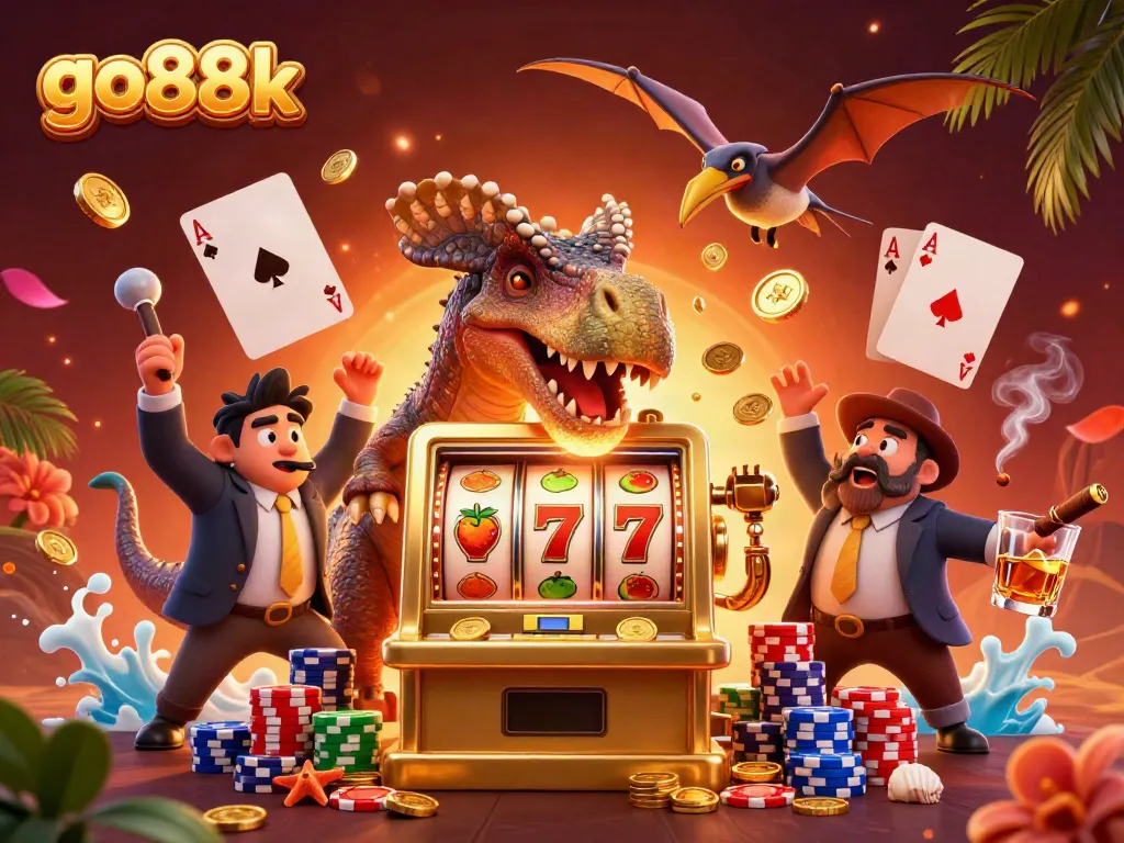 go88k captivates players as a pachycephalosaurus triggers a jackpot, surrounded by vibrant casino elements.