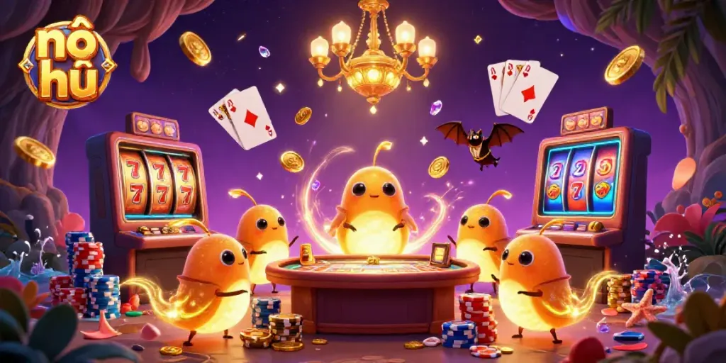 Experience the thrill of nổ hũ in this vibrant casino scene with glowing characters, coins, and slot machines.