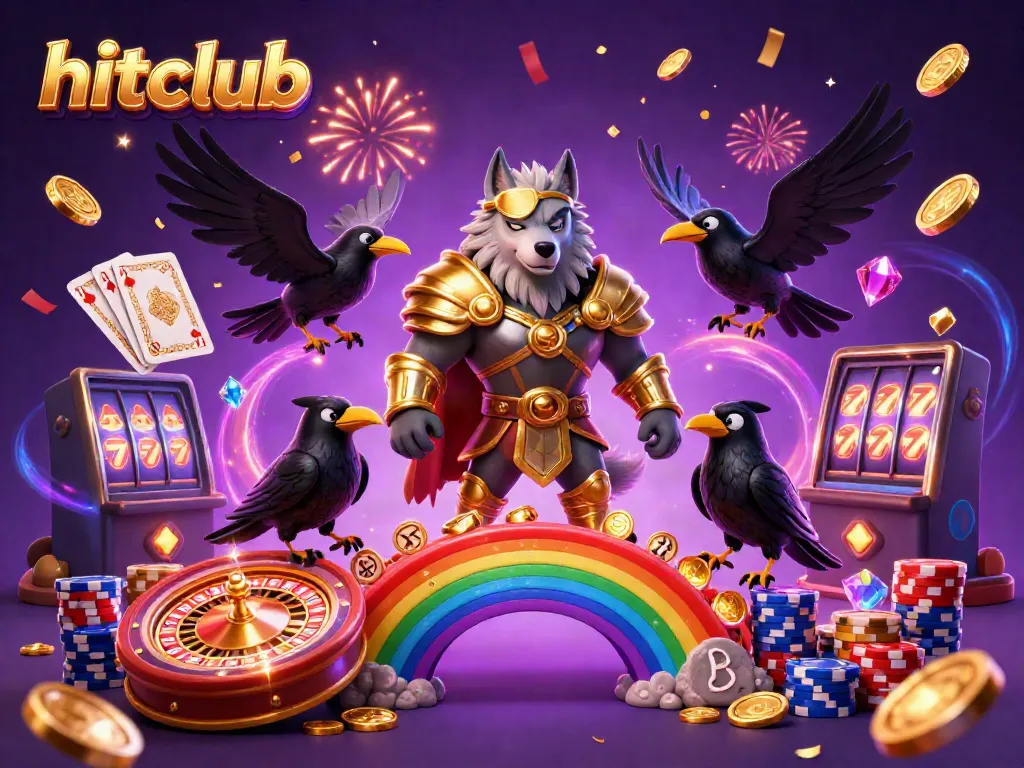 Hitclub showcases thrilling casino action with Odin and ravens, spinning roulette, and flying coins.