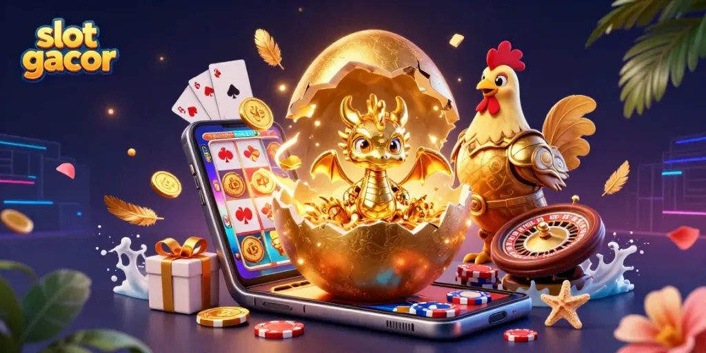 Experience the excitement of slot gacor with a golden dragon guarding poker chips amidst vibrant casino elements.