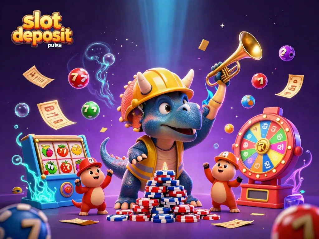 Engage with exciting slot deposit pulsa gaming in a vibrant and celebratory casino-themed scene.