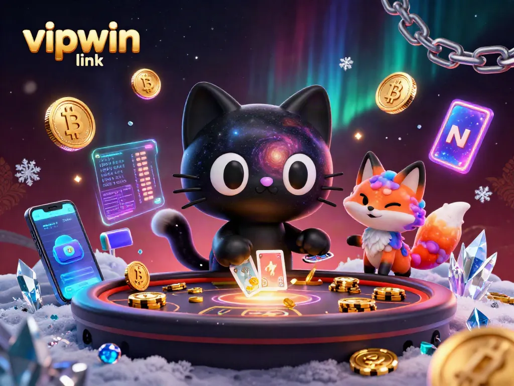 Engage with the vipwin link in this vibrant cosmic casino scene, featuring a black hole cat and colorful fox.