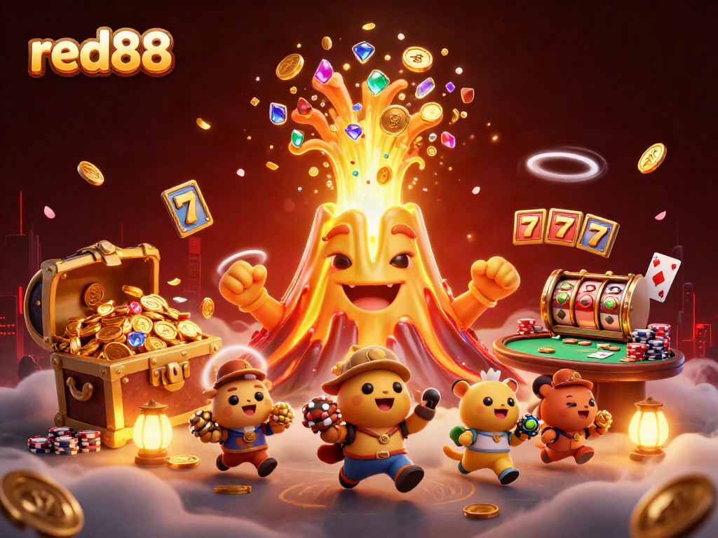 Win big at red88 with a vibrant 3D casino-themed illustration showcasing action-packed gameplay elements.