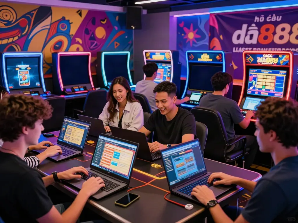 Exciting gaming scene with friends engaged in games at nhà cái da88's online platform.