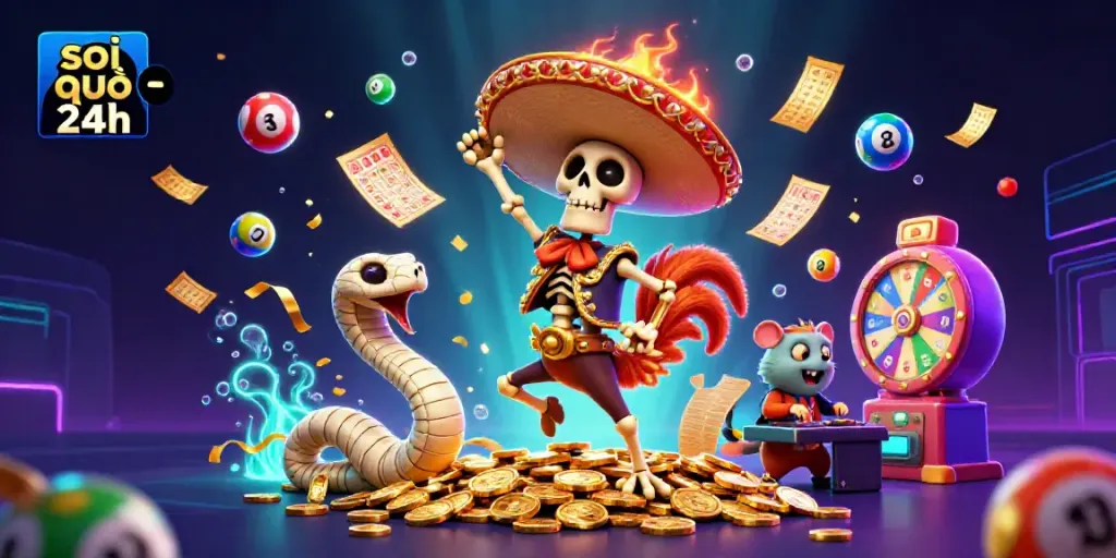 Experience thrilling number predictions with soi cầu 24h as colorful lottery elements and characters dynamically engage in a vibrant casino scene.