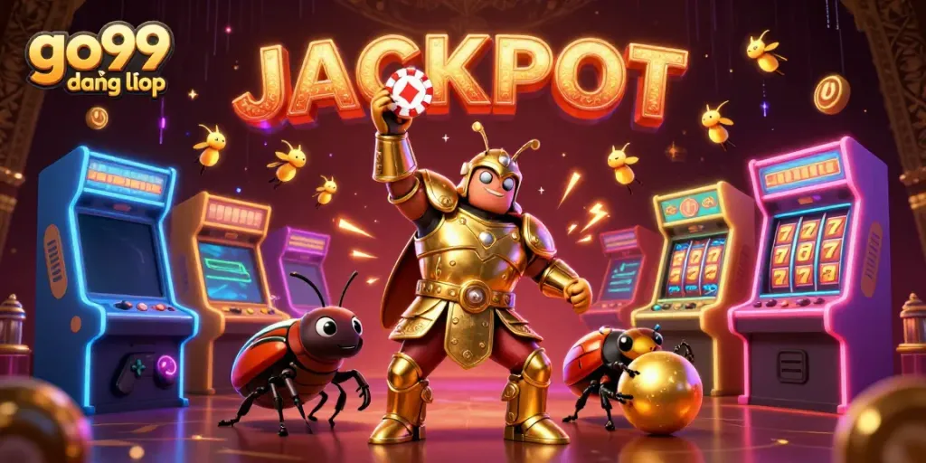 Experience go99 đăng nhập with a vibrant 3D scene featuring a victorious beetle and casino elements.