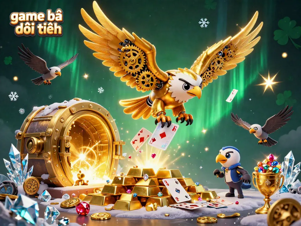 Experience the excitement of game bài đổi thưởng with a vibrant golden eagle soaring through holographic play cards.